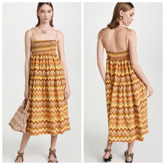 SWF Zigzag Midi Dress Women’s Size Small Yellow Smocked Cotton Tie Shoulder - Picture 1 of 10